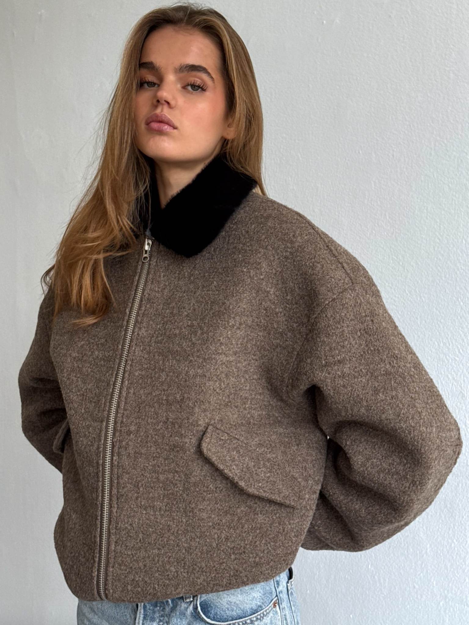 ジャケット・アウター high neck wool bomber jacket AVERY BOBMER JACKET - BROWN/BLACK