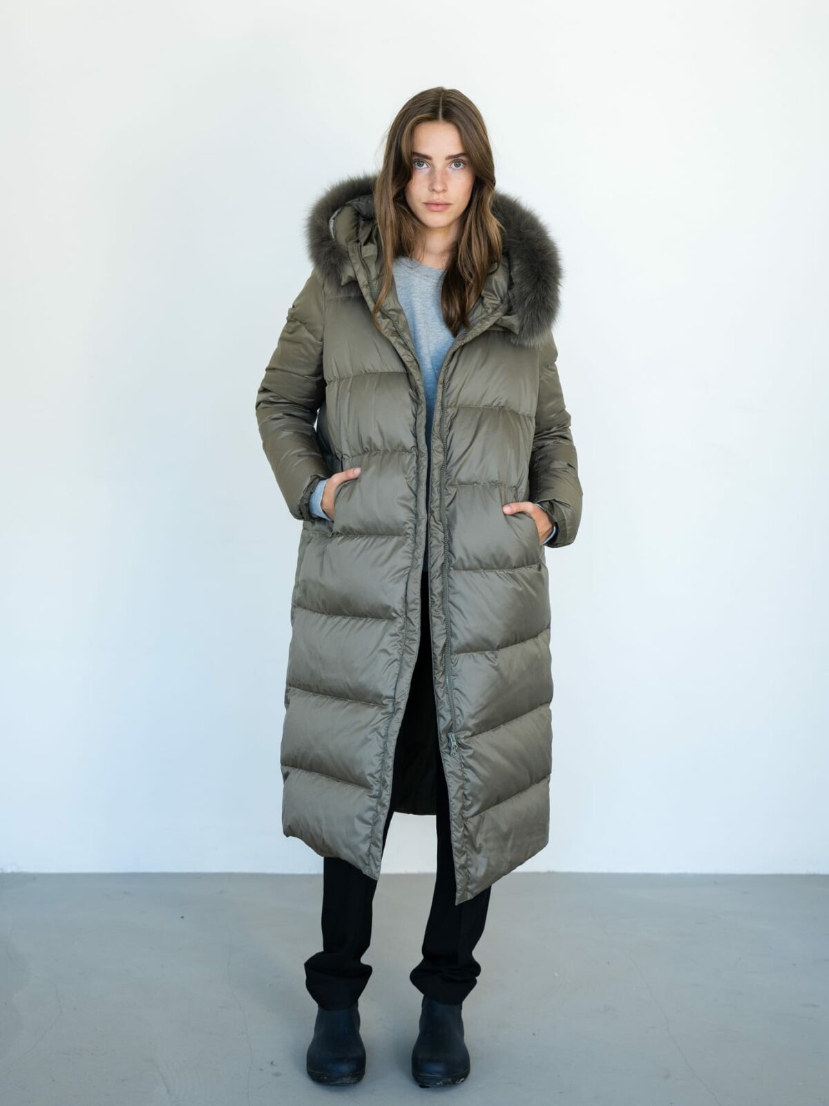 Fur Olive Winter Jacket Ladies Wild Olive Green Long Puffer Jacket