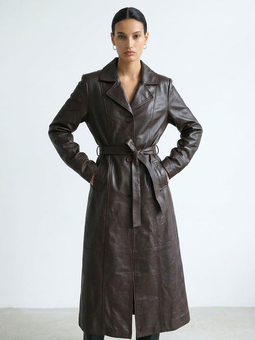 DREW LEATHER COAT - BROWN