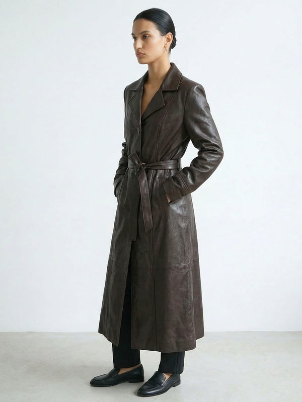 DREW LEATHER COAT - BROWN
