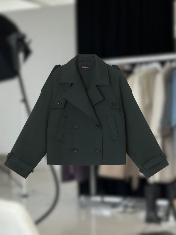 Stylish dark green cropped double-breasted coat by MEOTINE, featuring a classic design and tailored fit, perfect for any occasion.