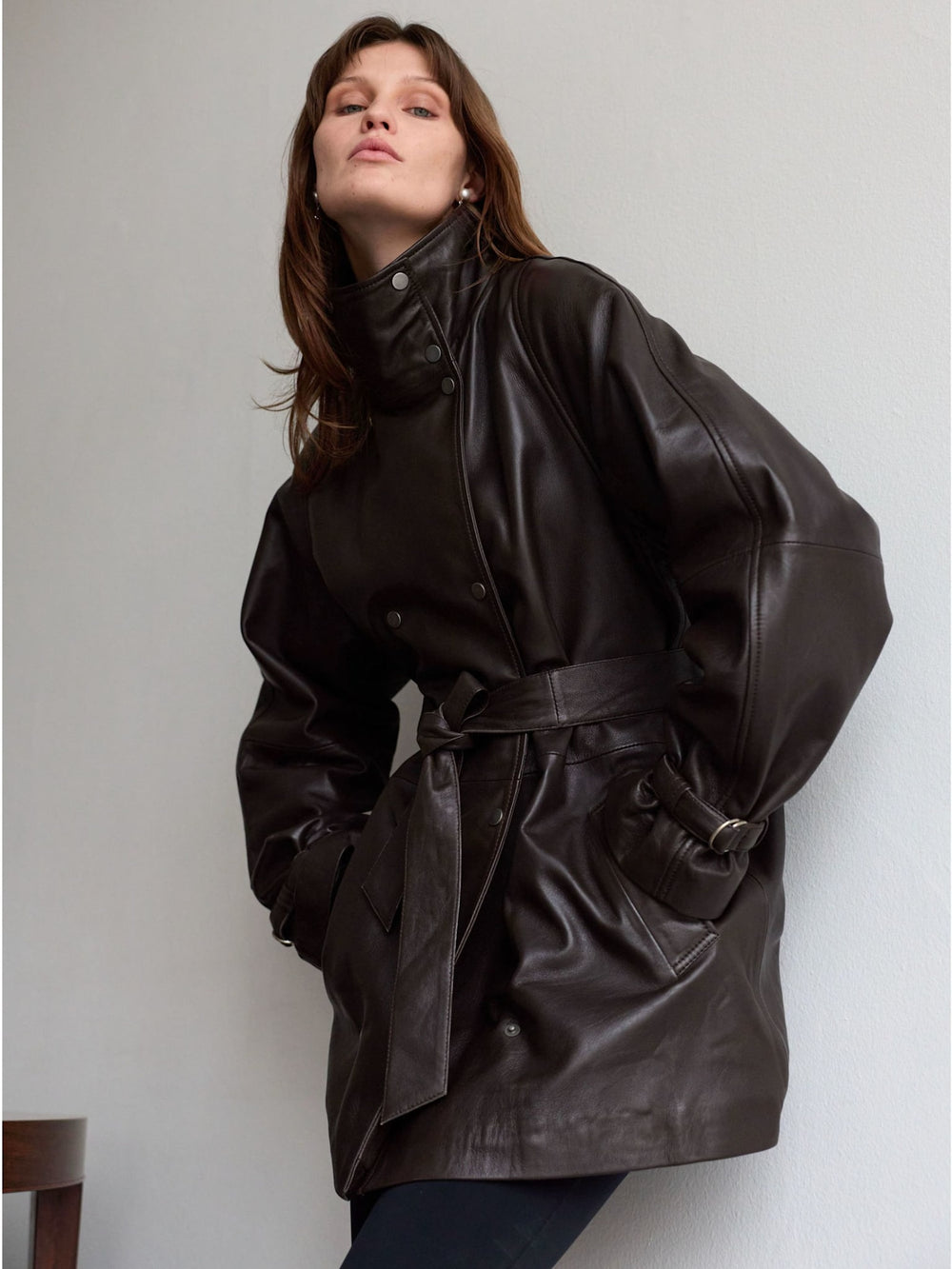 SKYLER LEATHER COAT - BROWN