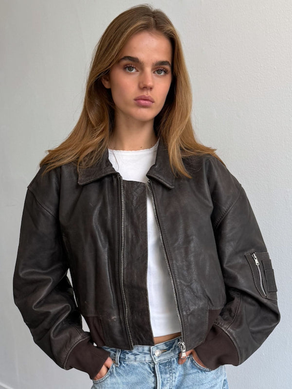 BONNIE CROPPED BOMBER - BROWN