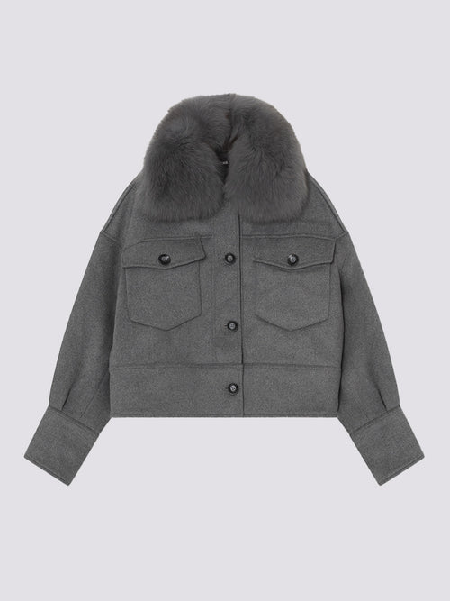 Gray cropped jacket with a fur collar and two front pockets, featuring button closures. Perfect for stylish layering by MEOTINE.