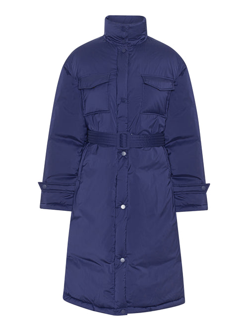 Navy blue puffer coat with a belted waist and large front pockets, designed for warmth and style by MEOTINE.