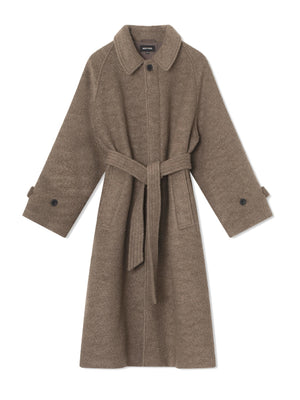 Cozy brown belted coat with a collar and wide sleeves, perfect for layering in cooler weather. By MEOTINE.