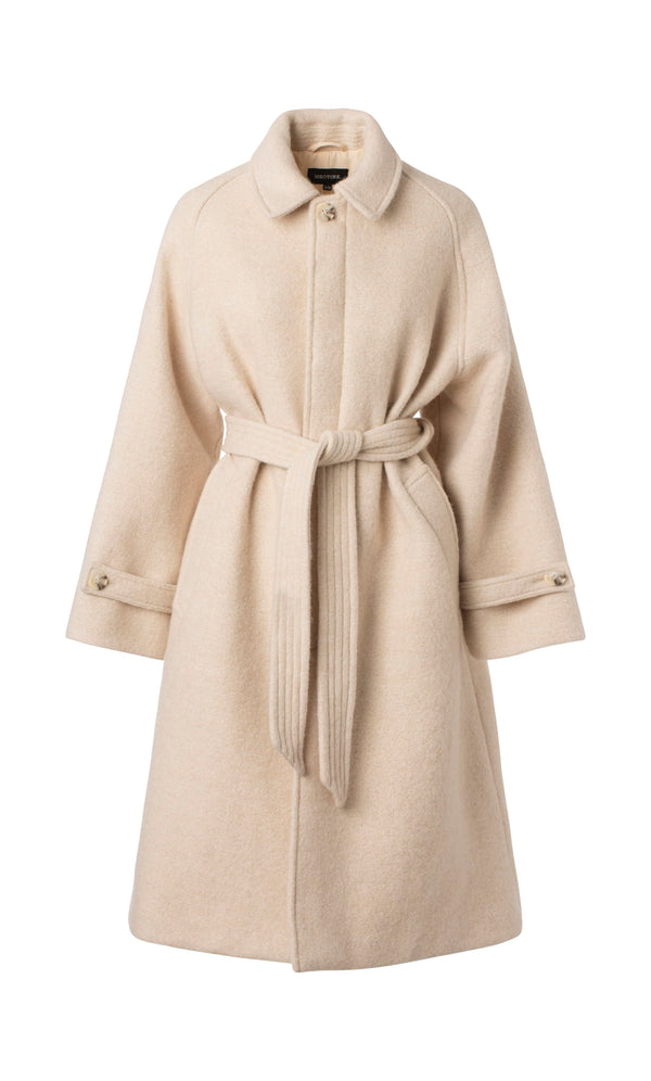 Beige wool blend coat with a belted waist and buttoned cuffs, featuring a classic collar for a stylish look by MEOTINE.