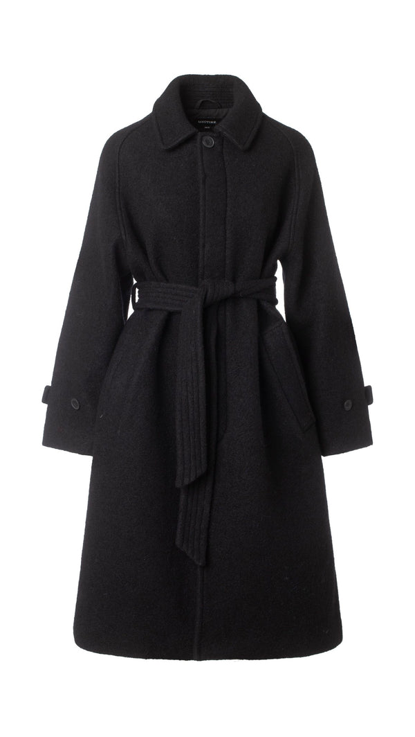 A stylish black coat with a belted waist and button closure, featuring a classic collar and side pockets, by MEOTINE.