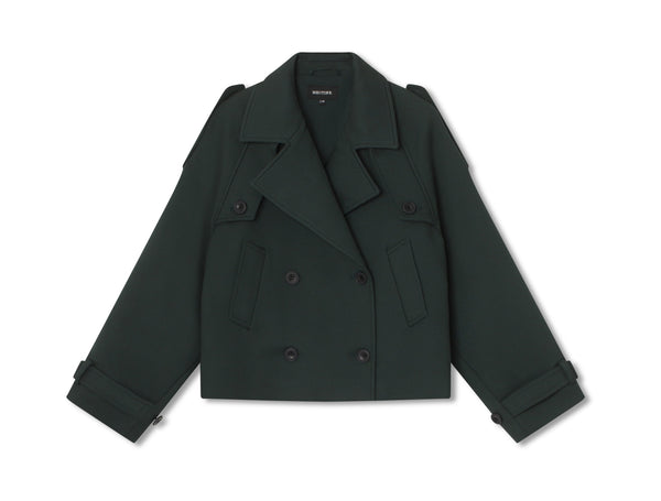 Stylish dark green cropped peacoat featuring double-breasted buttons and wide lapels, perfect for a chic look by MEOTINE.