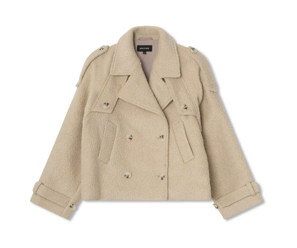 Beige double-breasted jacket with a soft texture and military-inspired details, featuring epaulets and buttoned cuffs by MEOTINE.