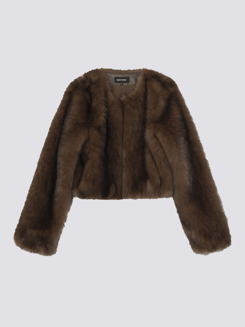 Brown faux fur cropped jacket with long sleeves, perfect for adding warmth and style to any outfit. MEOTINE brand.