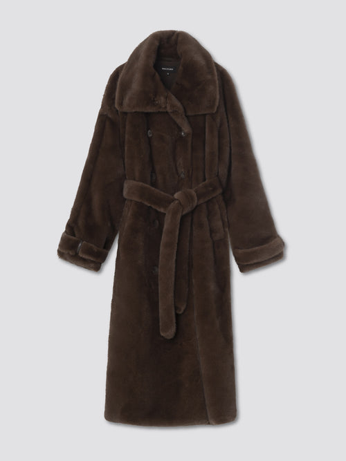 Luxurious brown faux fur coat with a belted waist and oversized collar, perfect for stylish warmth this season by MEOTINE.