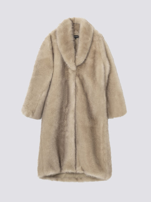 Luxurious beige faux fur coat with a wide collar, perfect for stylish warmth. Ideal for winter outings by MEOTINE.