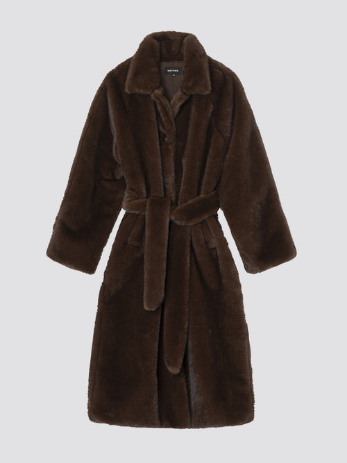 Cozy brown faux fur robe from MEOTINE, featuring a belted waist and long sleeves, perfect for lounging in style.