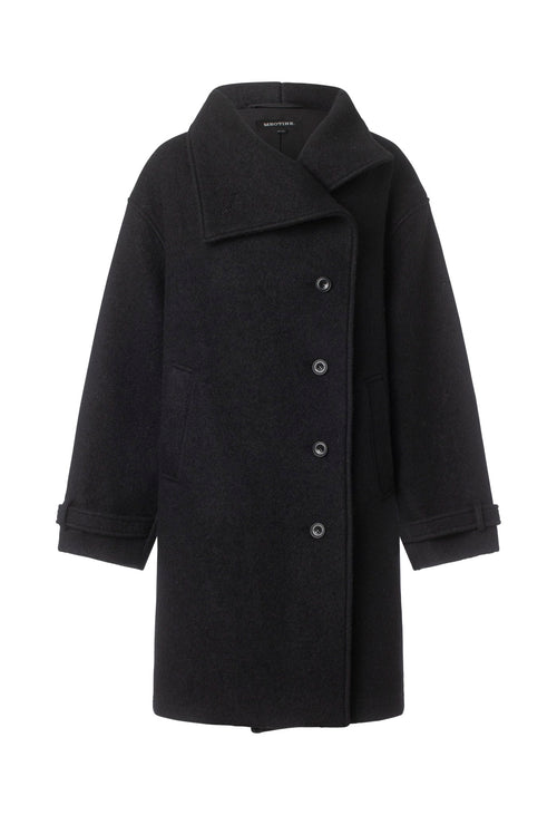 Stylish black wool coat with a wide collar and button closure, featuring a relaxed fit and side pockets by MEOTINE.