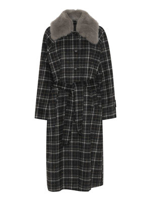 A stylish black and gray plaid coat with a faux fur collar and a belted waist, perfect for a chic winter look by MEOTINE.