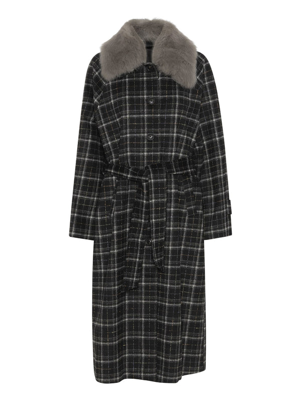 A stylish black and gray plaid coat with a faux fur collar and a belted waist, perfect for a chic winter look by MEOTINE.
