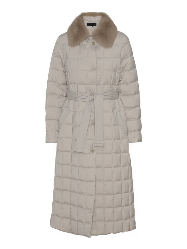 Stylish long beige puffer coat with a fur collar and belt, perfect for winter, by MEOTINE.