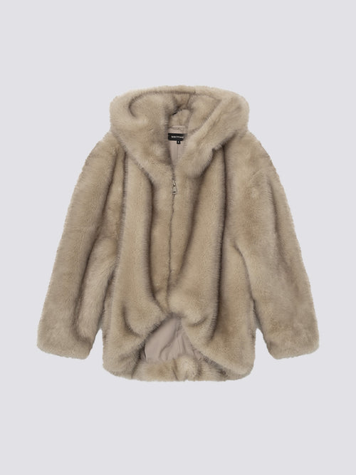 Cozy beige faux fur hoodie jacket with a zip closure and a soft interior, perfect for warmth and style by MEOTINE.