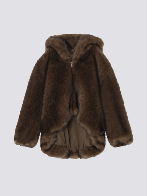 Cozy brown faux fur jacket with a hood, featuring a soft lining, perfect for stylish warmth. Ideal for winter outings. MEOTINE.