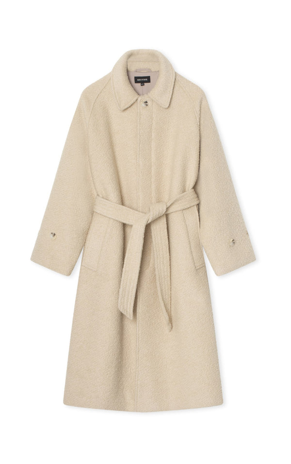 A stylish beige coat with a belted waist and a collared neckline, perfect for a chic look by MEOTINE.