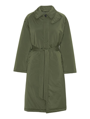 Stylish olive green belted coat with a collar, perfect for layering in cooler weather. Ideal for a chic, casual look by MEOTINE.