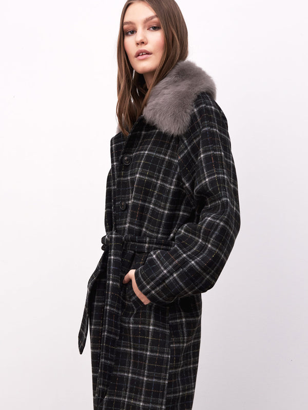 Stylish plaid coat featuring a luxurious gray fur collar, perfect for a chic winter look by MEOTINE.