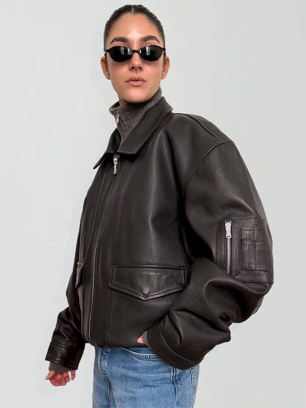 TANIS LEATHER BOMBER - BROWN